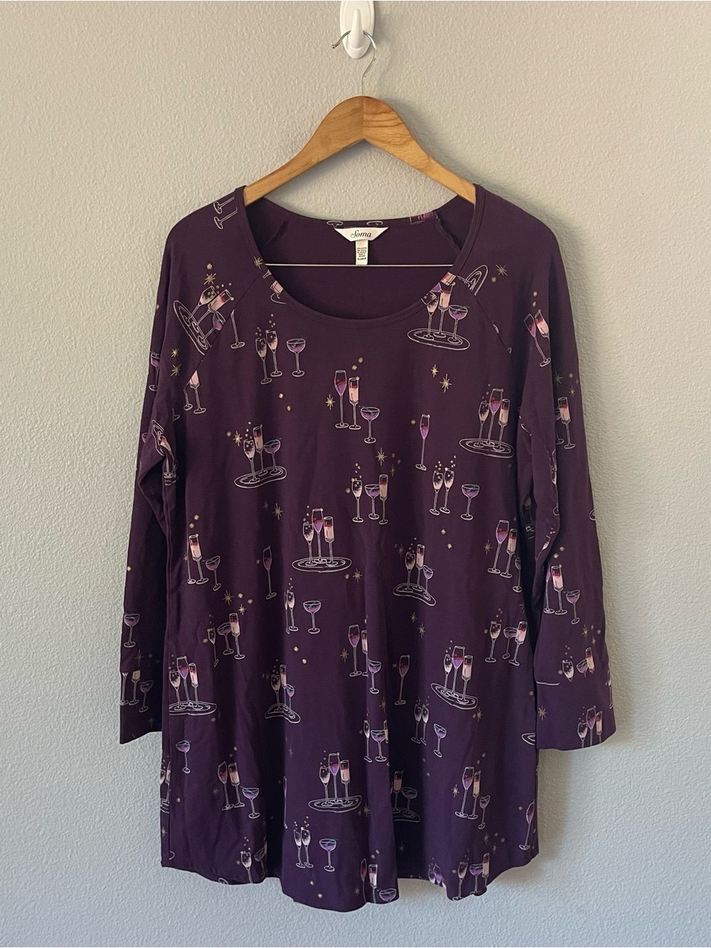 Soma Purple Nightgown Fun Wine Glass Print Modal Blend Size XL
